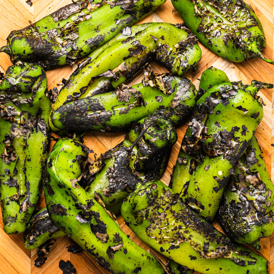 A batch of roasted hatch green chile peppers